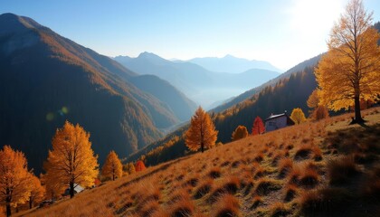 Sticker -  Autumns golden glow on a mountainous landscape