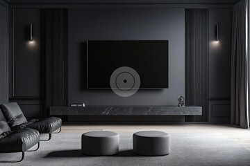 Wall Mural - Modern dark living room interior with large flat screen TV, marble console, and two armchairs.