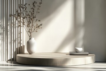 Aufkleber - A minimalist round stage, lit by bright natural light, features delicate foliage and vases, conveying a serene and elegant space with artistic simplicity.