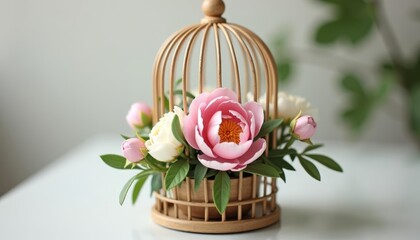 Canvas Print -  Elegant floral arrangement in a charming wooden cage