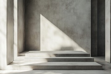 Fototapete - Concrete stairs highlighted by dynamic sunlight in a minimalist space create an abstract, dramatic visual, symbolizing progression and modern architectural art.