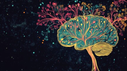 Aufkleber - Colorful Artistic Representation of Brain with Abstract Floral Elements