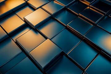 Leinwandbilder - Glossy tiles in alternating shades of blue and orange generate an engaging 3D effect, balancing color contrast and illumination in a sleek design.