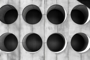 Aufkleber - This monochrome image features a grid of circular holes in a concrete wall, creating a repetitive geometric pattern that evokes industrial and modern design aesthetics.
