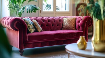 Wall Mural - Red velvet tufted sofa with pillows in living room.