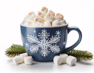 Wall Mural - A blue mug with a snowflake design filled with hot chocolate and marshmallows