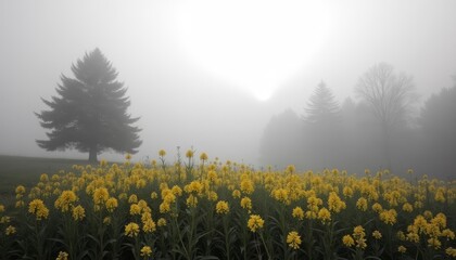 Wall Mural -  Ethereal beauty in a foggy meadow