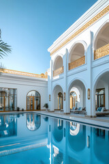 Wall Mural - Exterior shot of a luxury hotel with a pool in the middle, featuring Arabic architecture with white walls and golden details, set against a blue sky on a sunny day