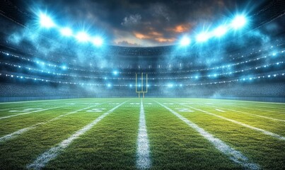 Wall Mural - Illuminated Football Stadium at Night with Manicured Grass and Dramatic Lighting