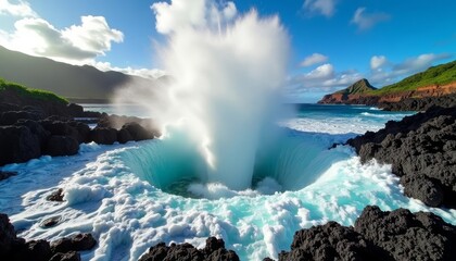 Sticker -  Power of nature  A stunning geyser eruption in a coastal landscape