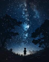 Wall Mural - A boy stands in a field of grass looking up at the stars