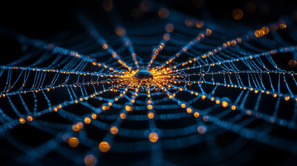 spider web delicately covered in glistening water droplets, symbolizing fragility, interconnectedness, and the beauty of resilience in nature's intricate designs