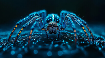 spider web delicately covered in glistening water droplets, symbolizing fragility, interconnectedness, and the beauty of resilience in nature's intricate designs