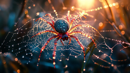 spider web delicately covered in glistening water droplets, symbolizing fragility, interconnectedness, and the beauty of resilience in nature's intricate designs