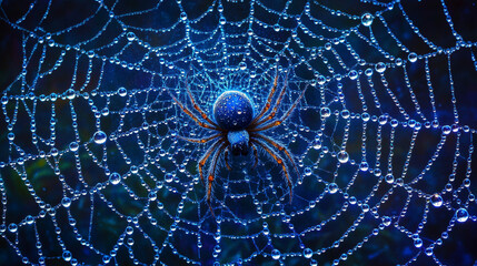 spider web delicately covered in glistening water droplets, symbolizing fragility, interconnectedness, and the beauty of resilience in nature's intricate designs