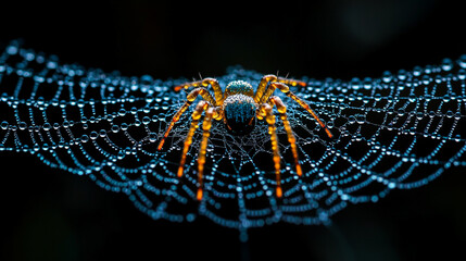 spider web delicately covered in glistening water droplets, symbolizing fragility, interconnectedness, and the beauty of resilience in nature's intricate designs