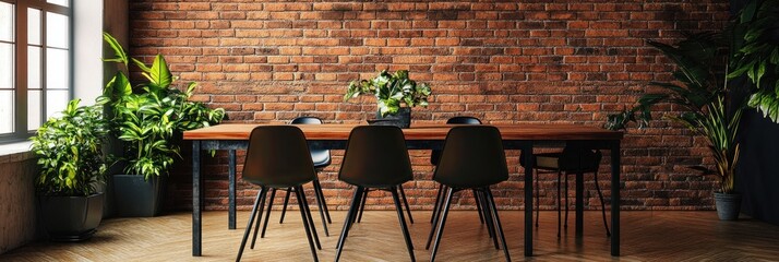 Wall Mural - Modern dining room with brick wall, wooden table, black chairs, and plants.