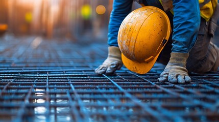 Wall Mural - Construction worker placing rebar mesh on site.