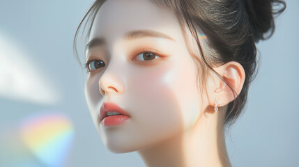 Aufkleber - 若くて綺麗なアジア人女性モデルの顔のアップ。ファッションや美容広告の撮影。