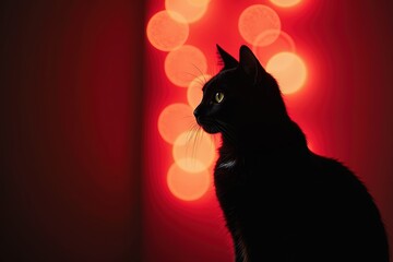 Silhouetted black cat against a warm, glowing bokeh red background, highlighting its curious gaze and striking luminous eyes in a tranquil setting.