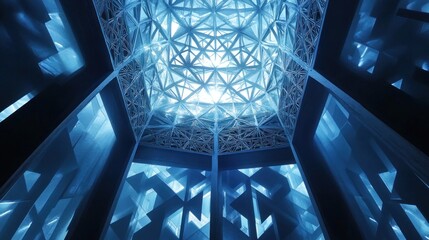 Poster - Futuristic blue glass ceiling interior architecture.