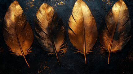 Wall Mural - elegant gold feathers stand out against dramatic black background, creating striking visual contrast