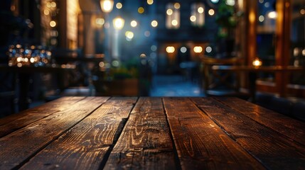 Deserted wooden table for showcasing items in a blurry setting of a fancy nighttime eatery