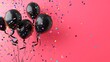 © stock.finder - Black balloons with colorful confetti on a pink background.