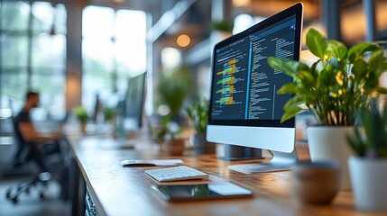web developers collaborate in modern offices, while designers use tablets and dual displays for desi