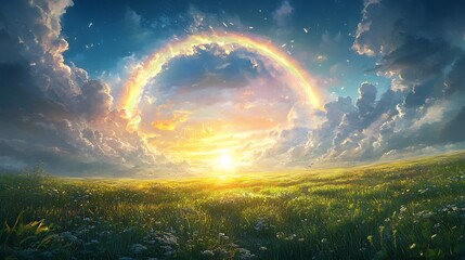 Sky with a beautiful rainbow arching over a green field, with the sun breaking through the clouds