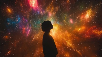 Wall Mural - Cosmic Silhouette: A Person Gazing at a Vibrant Nebula