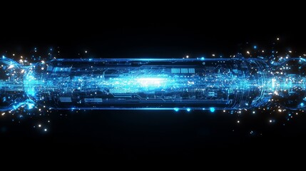Abstract blue circuit board pattern with luminous elements and black background, representing digital technology and innovation. Showcasing modern digital infrastructure.