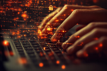 Wall Mural - closeup of hands holding on laptop with security digital lock icons on screen .