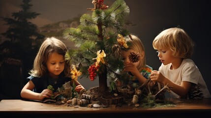 Wall Mural - kids decorate a tabletop mini tree for Christmas decorations