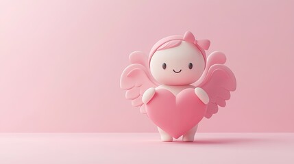 Wall Mural - 3D rendering of a cute cupid holding a heart, against a pink background, with a simple design and shape