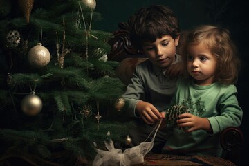 Wall Mural - child girl and boy decorate the green Christmas tree with white balls