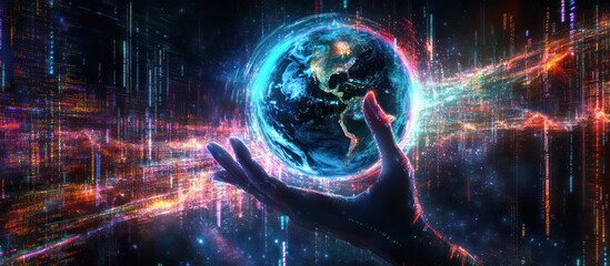 Wall Mural - digital embrace: a hand holds our vibrant earth within a cosmic digital stream