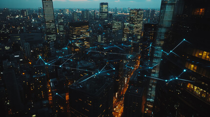 Smart digital city with connection cyber security network reciprocity over the twilight cityscape.future wireless digital city and social media networking systems that connects people within the city