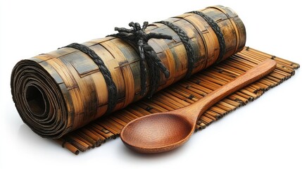 Wall Mural - A rolled bamboo mat with a wooden spoon, often used for serving or preparing food.