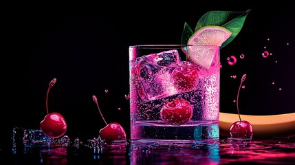 Wall Mural - Vibrant cocktail with ice cubes, cherries, lime, and splashes.