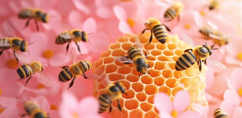 Wall Mural - A group of bees flying around a honeycomb, with pink flowers scattered on the surface.