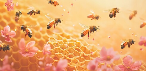 Wall Mural - A group of bees flying around a honeycomb, with pink flowers scattered on the surface. The background is a light orange