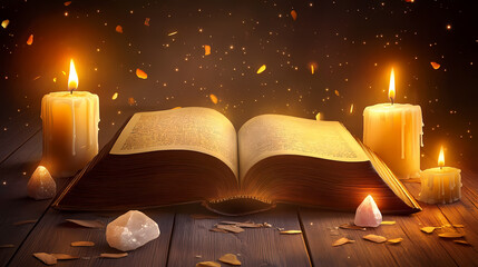 Wall Mural - An open ancient book with candles and crystals on a wooden table. Runic. Illustration