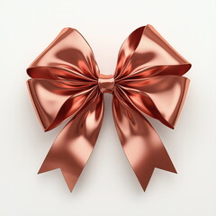 Wall Mural - A close-up of a one gift bow decoration made from a glossy ribbon in rose gold color. Isolated on white background. Christmas, xmas, New Year, Birthday, Anniversary, Celebration, Gift, Packaging.