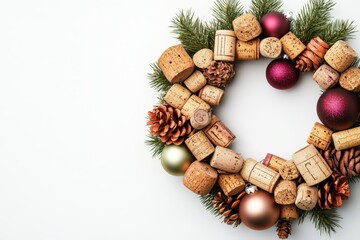 Wall Mural - Recycling during festive seasons promotes sustainability. Wreath made from old wine corks, adorned for decoration, perfect for rustic or vintage-themed events.