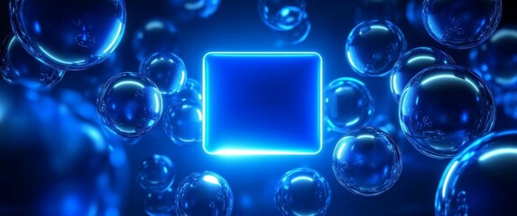 Poster - Neon Blue Square with Transparent Spheres Abstract Technology Background