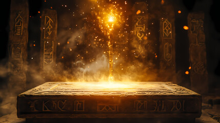 Wall Mural - An enchanted wand glowing with a mystical light, floating above an ancient altar surrounded by magical runes. Runic. Illustration