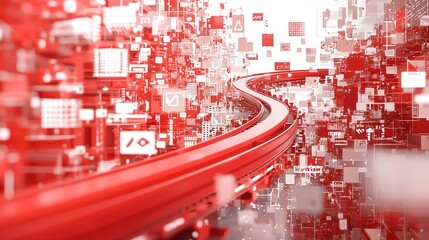 A visually striking image featuring a winding red path surrounded by a complex array of digital grids and symbols, conveying a sense of technology and data flow.