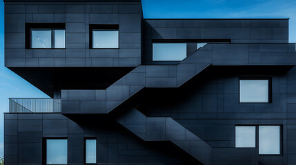 Fototapete - A modern, angular black building with geometric shapes and multiple windows, featuring an interesting staircase design