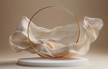 Wall Mural - Minimalist Display with Golden Hoop Ring and Silk Cloth on Beige Podium for Beauty Product Presentation